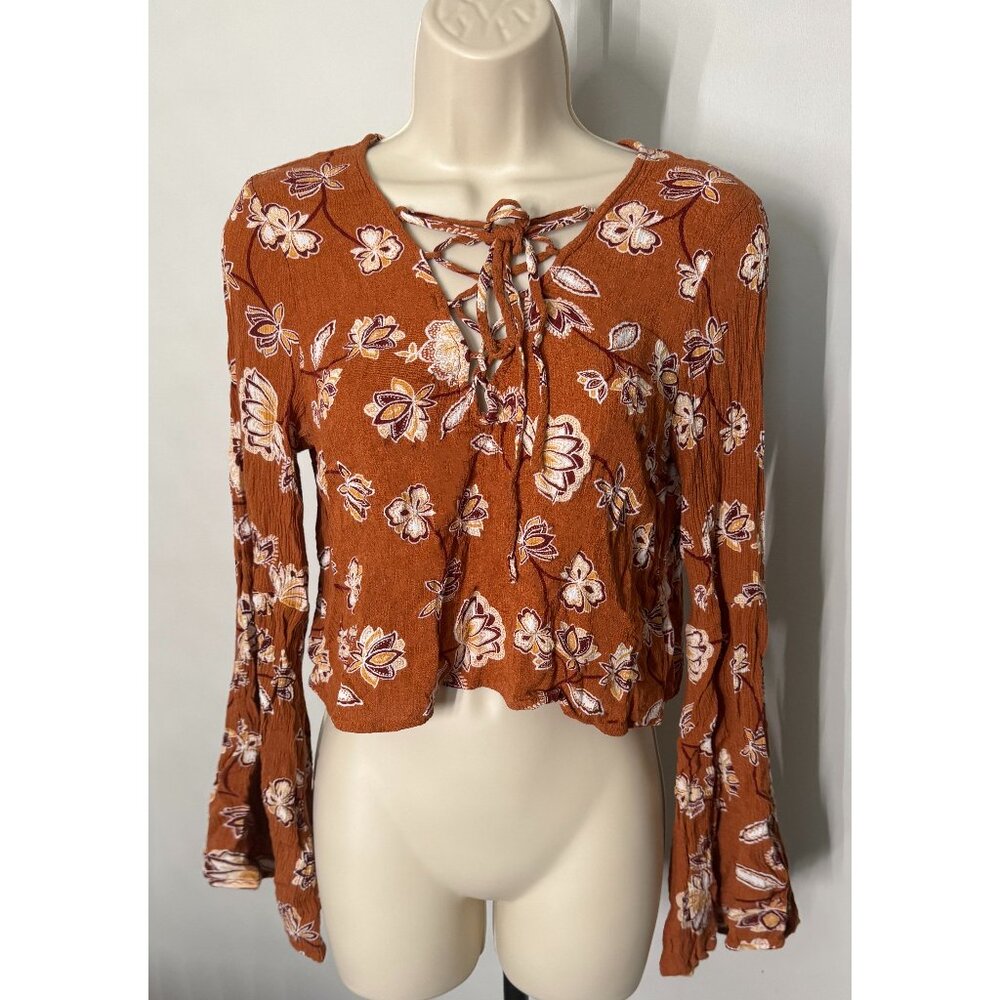 Forever 21 Rust Floral Boho Lace-Up Blouse – Size Large